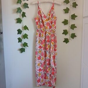 LOFT Floral Midi Dress in Pink and Yellow